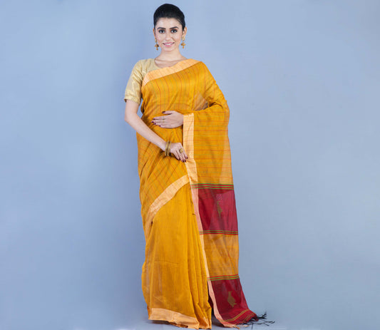 Handloom Saree - Mustard Yellow & Maroon - ArtisanSoul