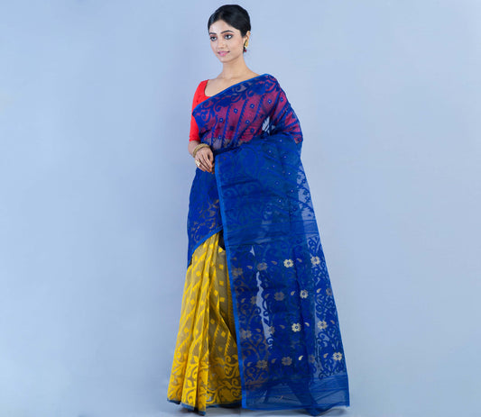 Handloom Jamdani Saree With all body Work - Blue & Yellow