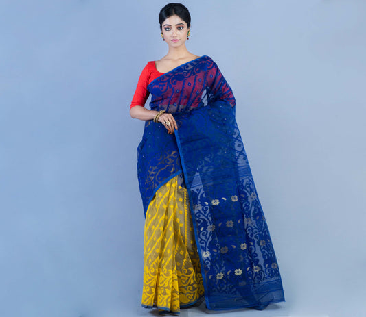 Handloom Jamdani Saree With all body Work - Blue & Yellow