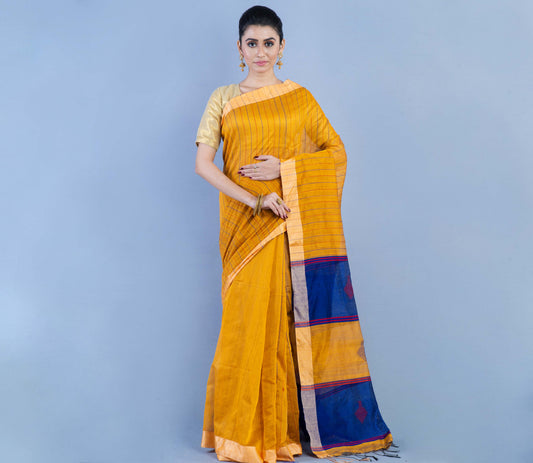 Handloom Saree - Mustard Yellow & Blue - ArtisanSoul