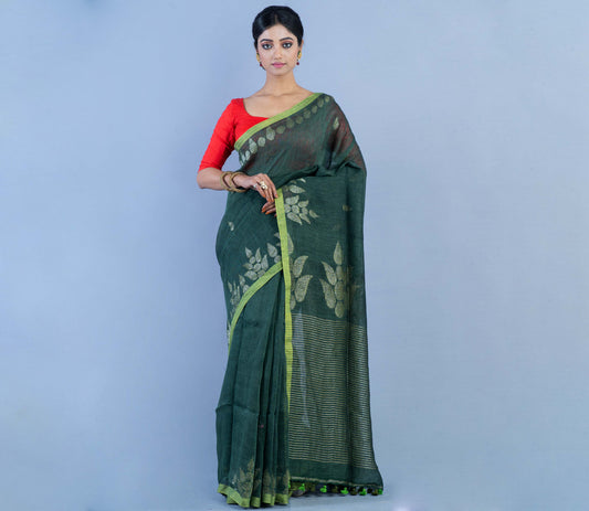 Handloom Linen Saree - Dark Green - ArtisanSoul