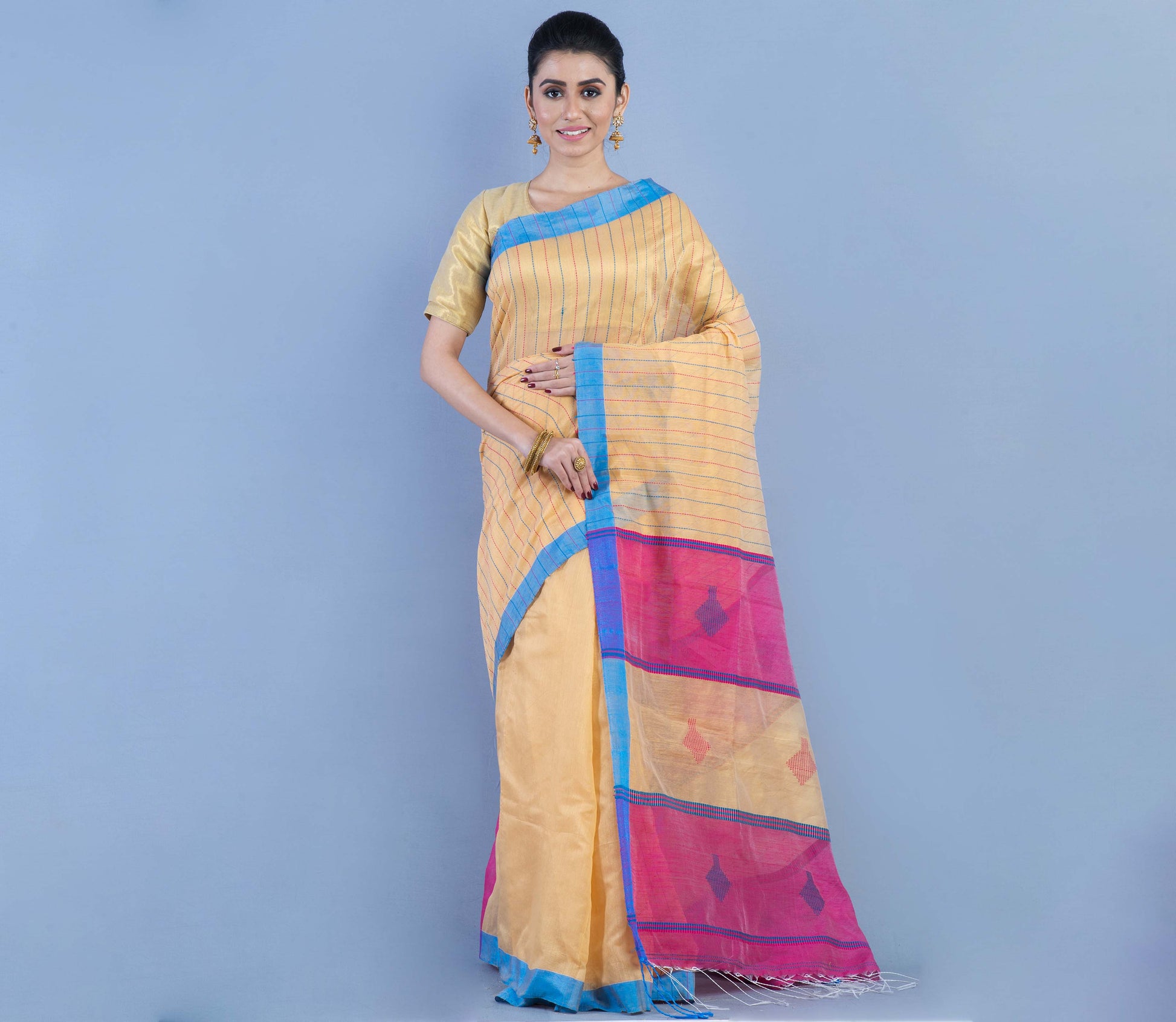 Handloom Cotton Silk Saree - Vanilla & Pink with Blue Par - ArtisanSoul