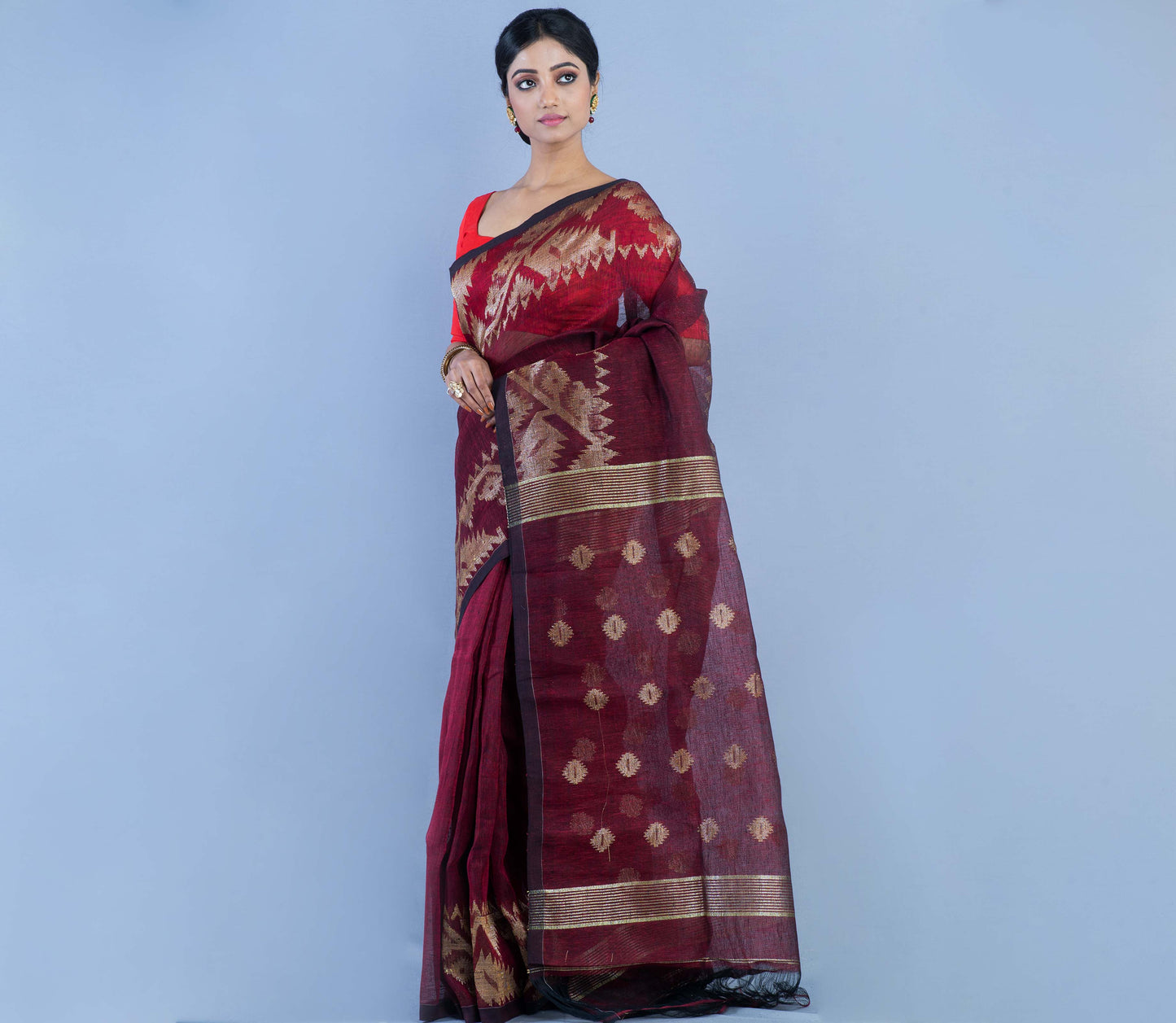Handloom Linen Zamdani - Maroon
