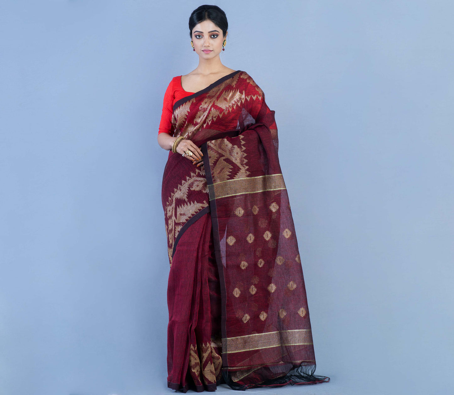Handloom Linen Zamdani - Maroon