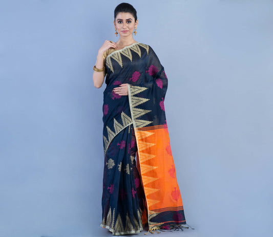 Handloom Saree - Navy Blue & Orange Anchal