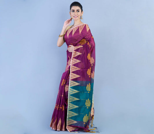 Handloom Saree - Purple & Cyan Blue Anchal