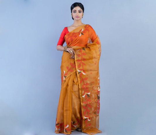 handloom Muslin Saree - Brown With Leaf Design