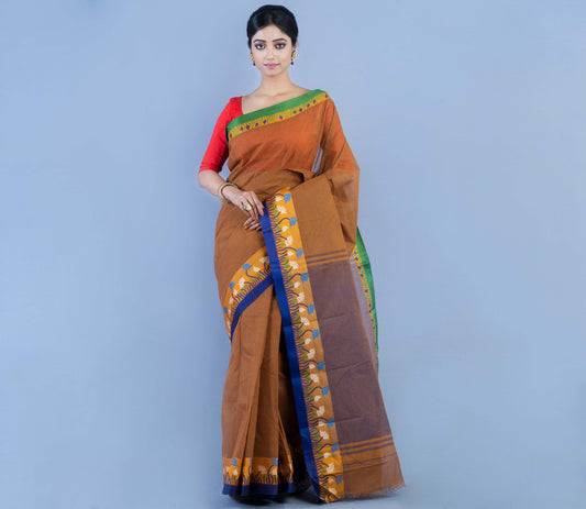 Handloom Tant Saree With Lotus Design on Par - Brown & Blue