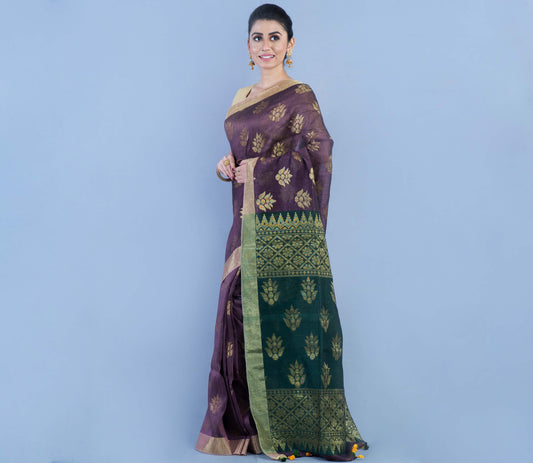 Handloom Linen Zamdani - Violet & Bottle Green