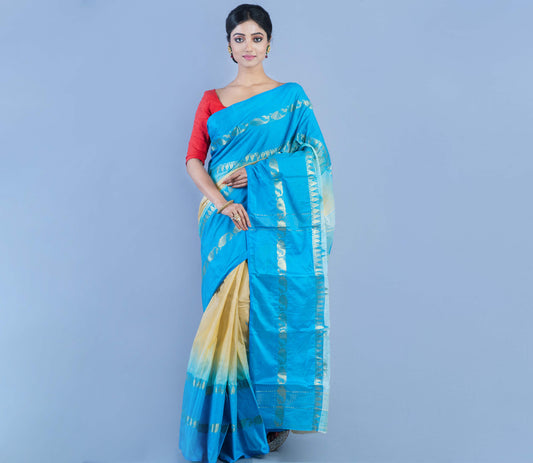 Handloom Tant Saree - Sky Blue & Vanilla - ArtisanSoul