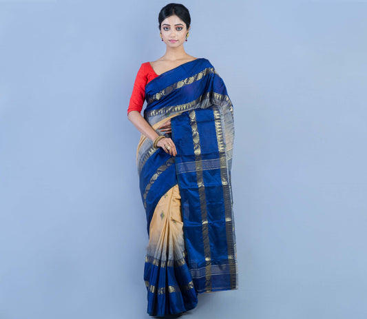 Handloom Tant Saree - Navy Blue and Vanilla - ArtisanSoul