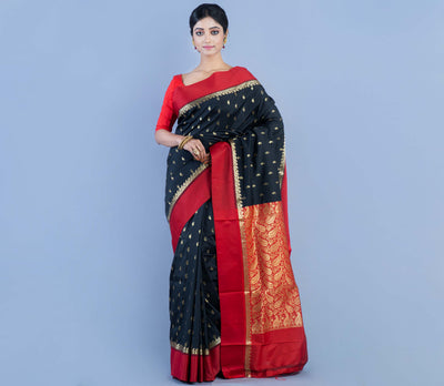 Handloom Garod Silk Saree With All Over Zari Work - Black with Red Par & Anchal