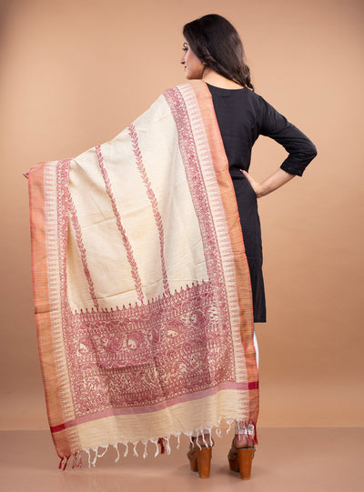 Madhubani Painting Dupatta From Bihar - Red on Beige