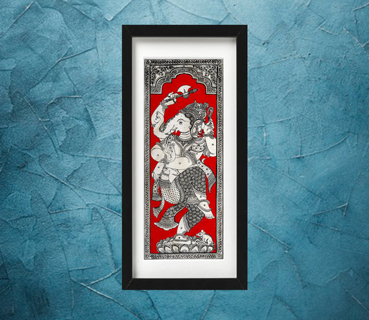 Pattachitra on Tussar from Odisha - Lord Ganesha in Red (Including Frame)