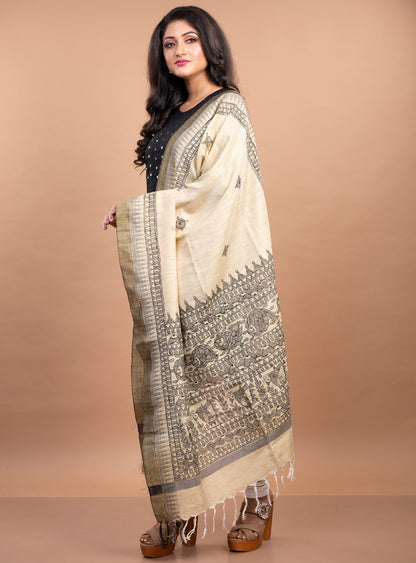 Madhubani Painting Dupatta From Bihar - Black on Beige