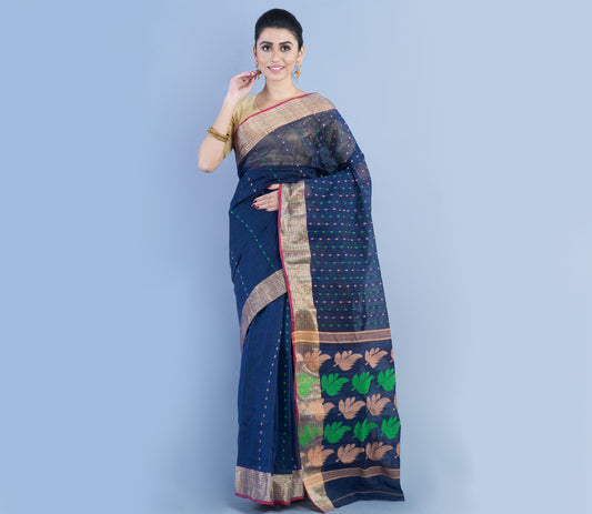 Handloom Tant Saree Navy Blue With Zari Par - ArtisanSoul