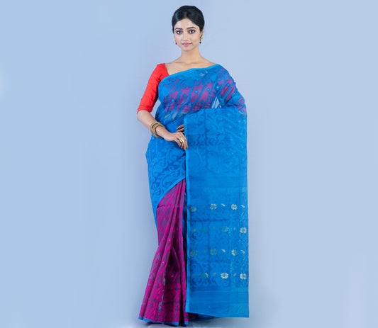Handloom Zamdani Saree With All Over Work - Purple & Blue - ArtisanSoul
