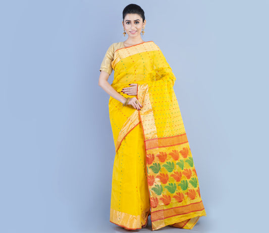 Handloom Jamdani Saree With Work On Yellow - ArtisanSoul