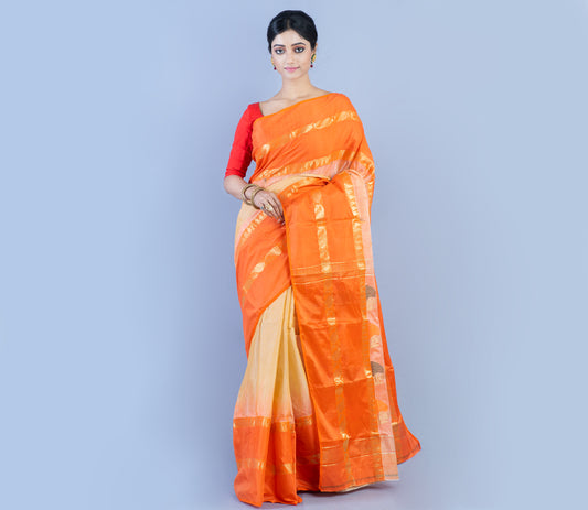 Handloom Tant Saree - Orange And Vanilla - ArtisanSoul