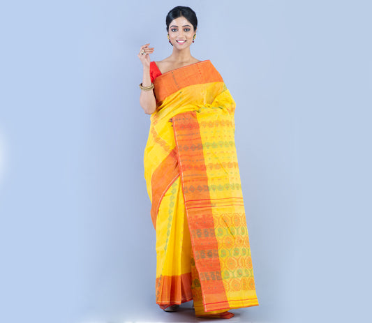 Handloom Tant Saree With Red & Green Work on Yellow - ArtisanSoul
