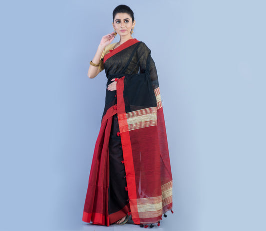 Handloom Patli Pallu Saree with Gheecha Design Anchal - Black & Maroon - ArtisanSoul