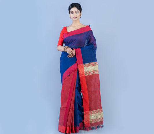 Handloom Patli Pallu Saree with Gheecha Design Anchal - Blue & Maroon - ArtisanSoul
