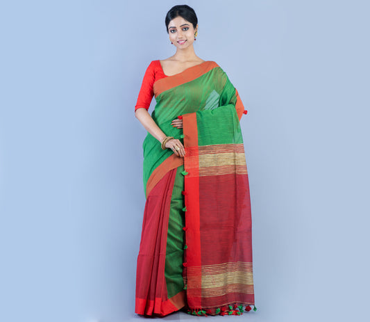 Handloom Patli Pallu Saree with Gheecha Design Anchal - Red & Green - ArtisanSoul