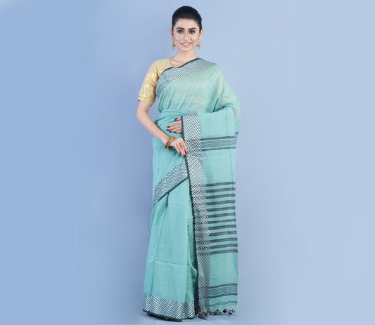 Handloom Saree - Sky Blue With Checkred Zari Par - ArtisanSoul