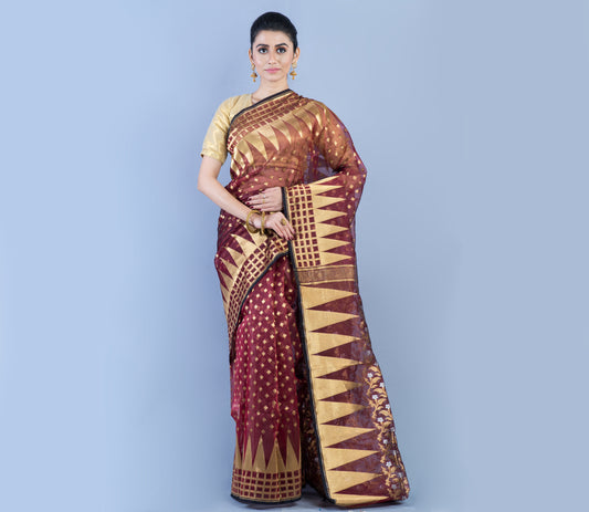 Handloom Saree with Jamdani Patterns all over the Saree - Burnt Sienna