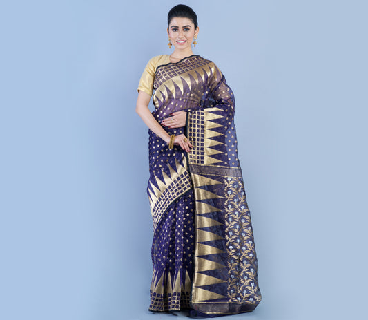 Handloom Saree with Jamdani Patterns all over the saree - Navy Blue