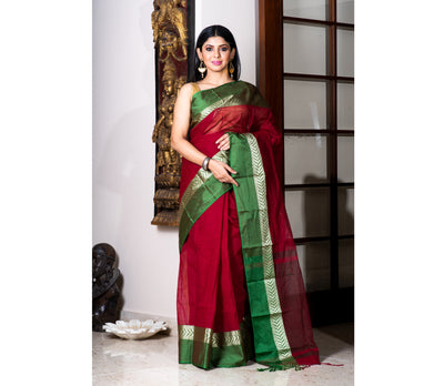 Handloom Tant Saree - Maroon With Green Par