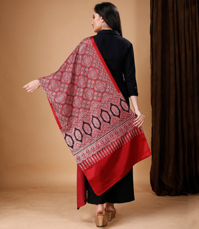 Ajrakh Print Modal Silk Stole From Bengal - Maroon
