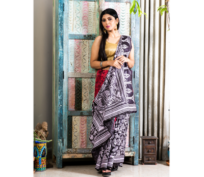 Kantha Stitched Work on Batik Print Saree - Red & Black