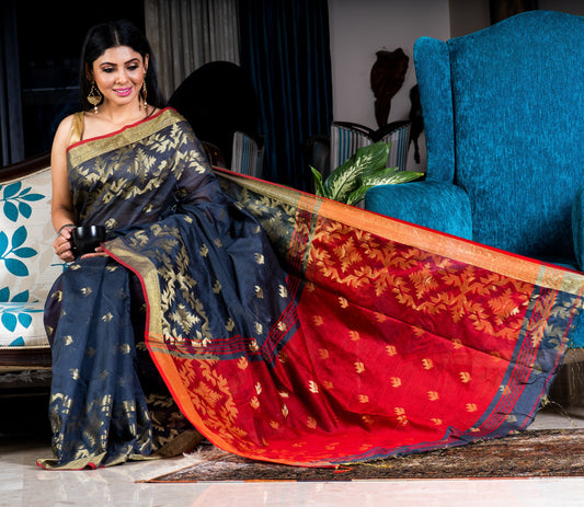 Handloom Saree With All Over Work - Steel Grey & Red - ArtisanSoul