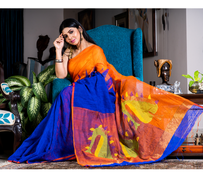 Handloom Gheecha Saree - Blue & Orange