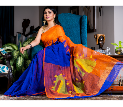 Handloom Gheecha Saree - Blue & Orange