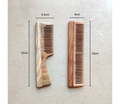 Neem Wood Combs (Fine teeth with handle comb & Dual teeth comb)