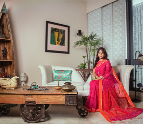 Handloom saree with All Over Chumki Work - Orange and Purple - ArtisanSoul