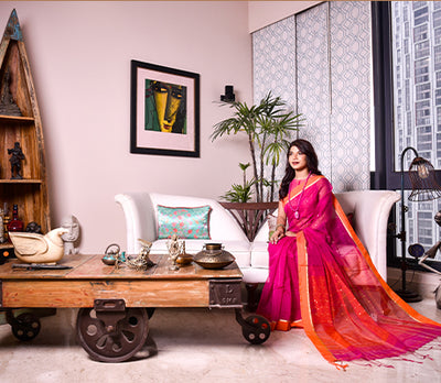 Handloom saree with All Over Chumki Work - Orange and  Purple