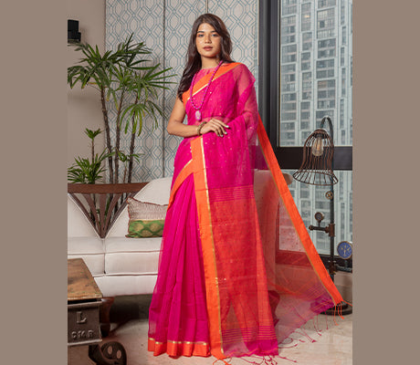 Handloom saree with All Over Chumki Work - Orange and Purple - ArtisanSoul