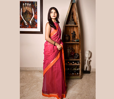 Handloom saree with All Over Chumki Work - Orange and Purple - ArtisanSoul
