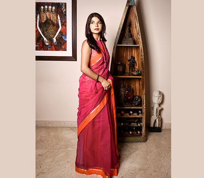 Handloom saree with All Over Chumki Work - Orange and Purple - ArtisanSoul
