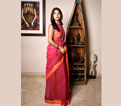 Handloom saree with All Over Chumki Work - Orange and  Purple