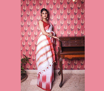 Handloom Saree with Paar Kotki Design in White and Red