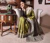 Kantha Stitch on Silk Saree with Jalchuri Pattern - Olive