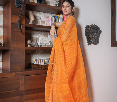 Handloom Jamdani All Body Work in Magnificent Orange Color