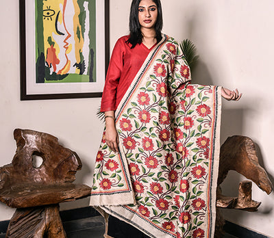 Kantha Stitched Dupatta on Tussar Base - Red Flowers