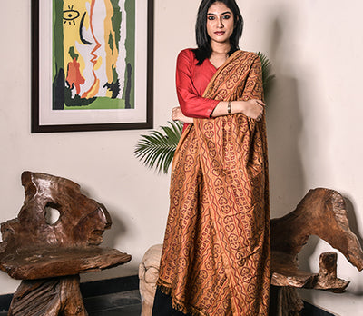 Kantha Stitched Dupatta on Silk Base - Brown