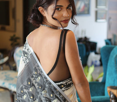Handloom Saree with Jamdani Sub Dhakai Design all Over the Saree  - Black and White