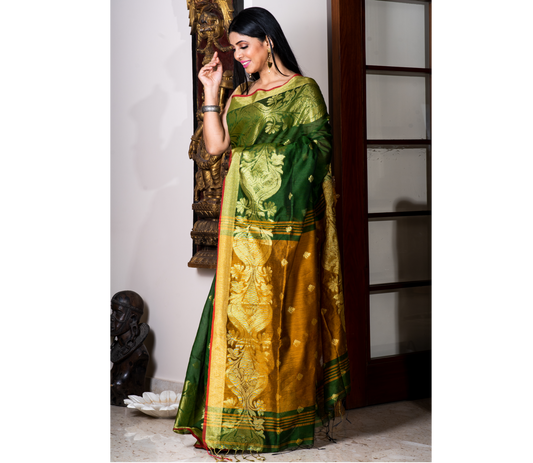Handloom Saree - Bottle Green & Mustard Yellow